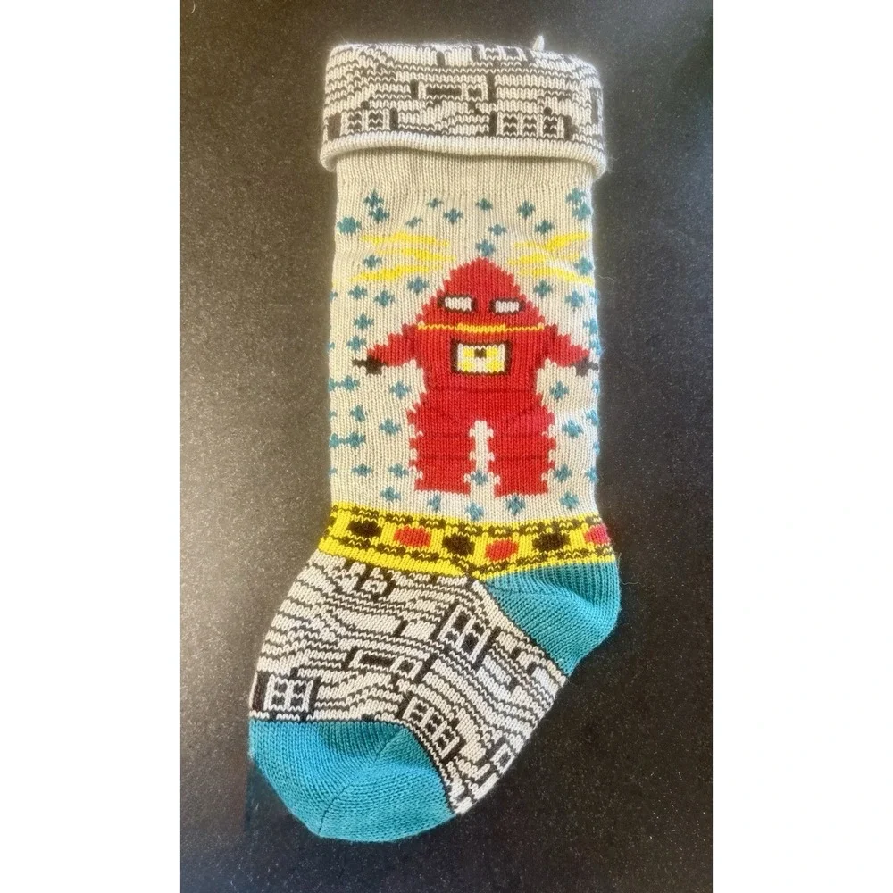 Christmas Stocking Knitted Robot Red Teal 20